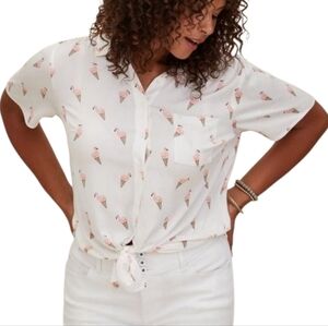 Torrid Flamingo Ice Cream Cone Button Down Shirt White Plus Size 3X Short Sleeve